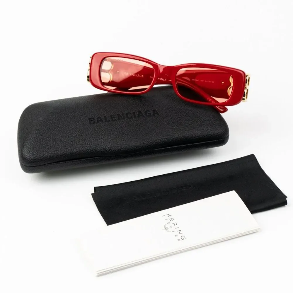 SALE! NEW Balenciaga BB0096S 003 Red Gold Logo Rectangle Women Sunglasses